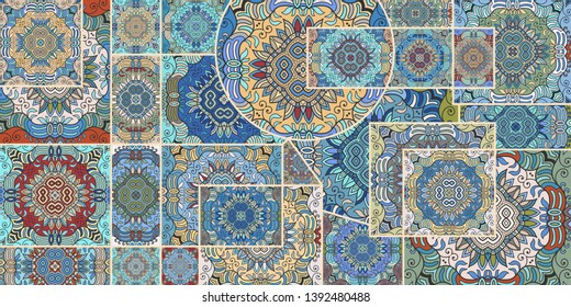 Vector patchwork quilt pattern. Vintage decorative collage. Hand drawn background. Indian, Arabic, Turkish motifs for printing on fabric or paper. Abstract colorful doodle pattern in mosaic style