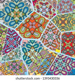 Vector patchwork quilt pattern. Vintage decorative collage. Hand drawn background. Indian, Arabic, Turkish motifs for printing on fabric or paper. Abstract colorful doodle pattern in mosaic style