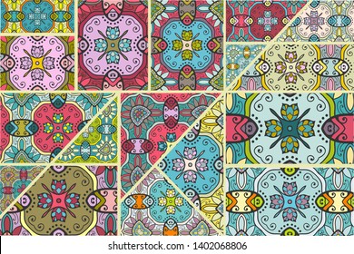 Vector patchwork quilt pattern. Vintage decorative collage. Hand drawn background. Indian, Arabic, Turkish motifs for printing on fabric or paper. Abstract colorful doodle pattern in mosaic style