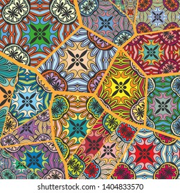 Vector patchwork quilt pattern. Vintage decorative collage. Hand drawn background. Indian, Arabic, Turkish motifs for printing on fabric or paper. Abstract colorful doodle pattern in mosaic style