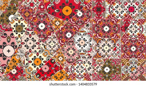 Vector patchwork quilt pattern. Vintage decorative collage. Hand drawn background. Indian, Arabic, Turkish motifs for printing on fabric or paper. Abstract colorful doodle pattern in mosaic style