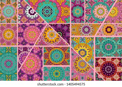 Vector patchwork quilt pattern. Vintage decorative collage. Hand drawn background. Indian, Arabic, Turkish motifs for printing on fabric or paper. Abstract colorful doodle pattern in mosaic style