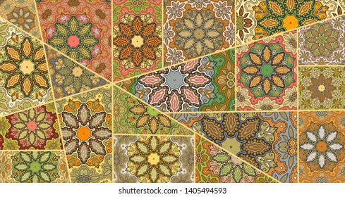 Vector patchwork quilt pattern. Vintage decorative collage. Hand drawn background. Indian, Arabic, Turkish motifs for printing on fabric or paper. Abstract colorful doodle pattern in mosaic style