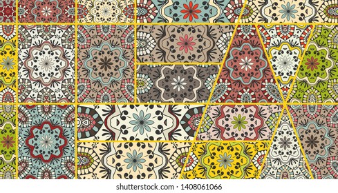 Vector patchwork quilt pattern. Vintage decorative collage. Hand drawn background. Indian, Arabic, Turkish motifs for printing on fabric or paper. Abstract colorful doodle pattern in mosaic style
