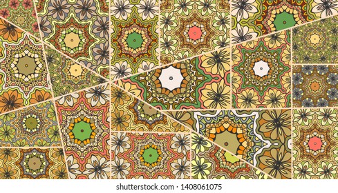Vector patchwork quilt pattern. Vintage decorative collage. Hand drawn background. Indian, Arabic, Turkish motifs for printing on fabric or paper. Abstract colorful doodle pattern in mosaic style