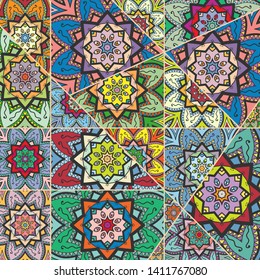 Vector patchwork quilt pattern. Vintage decorative collage. Hand drawn background. Indian, Arabic, Turkish motifs for printing on fabric or paper. Abstract colorful doodle pattern in mosaic style