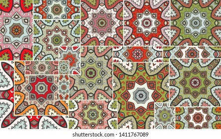 Vector patchwork quilt pattern. Vintage decorative collage. Hand drawn background. Indian, Arabic, Turkish motifs for printing on fabric or paper. Abstract colorful doodle pattern in mosaic style