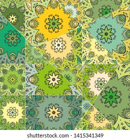 Vector patchwork quilt pattern. Vintage decorative collage. Hand drawn background. Indian, Arabic, Turkish motifs for printing on fabric or paper. Abstract colorful doodle pattern in mosaic style
