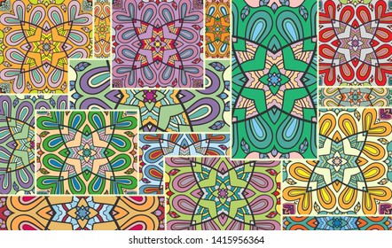 Vector patchwork quilt pattern. Vintage decorative collage. Hand drawn background. Indian, Arabic, Turkish motifs for printing on fabric or paper. Abstract colorful doodle pattern in mosaic style