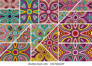Vector patchwork quilt pattern. Vintage decorative collage. Hand drawn background. Indian, Arabic, Turkish motifs for printing on fabric or paper. Abstract colorful doodle pattern in mosaic style