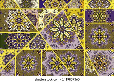 Vector patchwork quilt pattern. Vintage decorative collage. Hand drawn background. Indian, Arabic, Turkish motifs for printing on fabric or paper. Abstract colorful doodle pattern in mosaic style