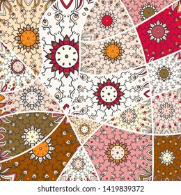 Vector patchwork quilt pattern. Vintage decorative collage. Hand drawn background. Indian, Arabic, Turkish motifs for printing on fabric or paper. Abstract colorful doodle pattern in mosaic style