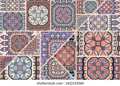 Vector patchwork quilt pattern. Vintage decorative collage. Hand drawn background. Indian, Arabic, Turkish motifs for printing on fabric or paper. Abstract colorful doodle pattern in mosaic style