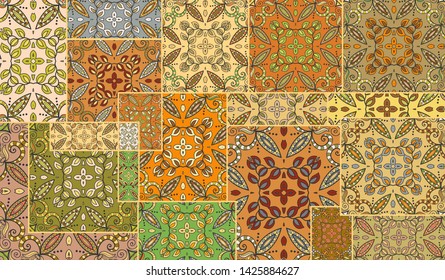 Vector patchwork quilt pattern. Vintage decorative collage. Hand drawn background. Indian, Arabic, Turkish motifs for printing on fabric or paper. Abstract colorful doodle pattern in mosaic style