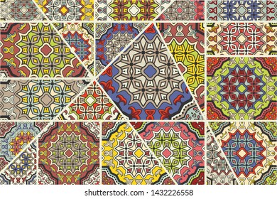 Vector patchwork quilt pattern. Vintage decorative collage. Hand drawn background. Indian, Arabic, Turkish motifs for printing on fabric or paper. Abstract colorful doodle pattern in mosaic style