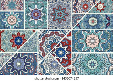 Vector patchwork quilt pattern. Vintage decorative collage. Hand drawn background. Indian, Arabic, Turkish motifs for printing on fabric or paper. Abstract colorful doodle pattern in mosaic style