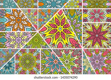 Vector patchwork quilt pattern. Vintage decorative collage. Hand drawn background. Indian, Arabic, Turkish motifs for printing on fabric or paper. Abstract colorful doodle pattern in mosaic style