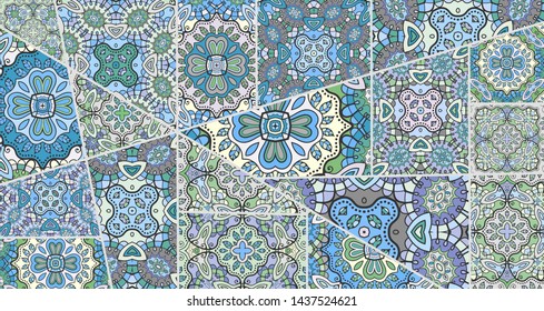 Vector patchwork quilt pattern. Vintage decorative collage. Hand drawn background. Indian, Arabic, Turkish motifs for printing on fabric or paper. Abstract colorful doodle pattern in mosaic style