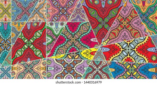 Vector patchwork quilt pattern. Vintage decorative collage. Hand drawn background. Indian, Arabic, Turkish motifs for printing on fabric or paper. Abstract colorful doodle pattern in mosaic style