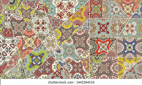 Vector patchwork quilt pattern. Vintage decorative collage. Hand drawn background. Indian, Arabic, Turkish motifs for printing on fabric or paper. Abstract colorful doodle pattern in mosaic style