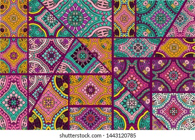 Vector patchwork quilt pattern. Vintage decorative collage. Hand drawn background. Indian, Arabic, Turkish motifs for printing on fabric or paper. Abstract colorful doodle pattern in mosaic style