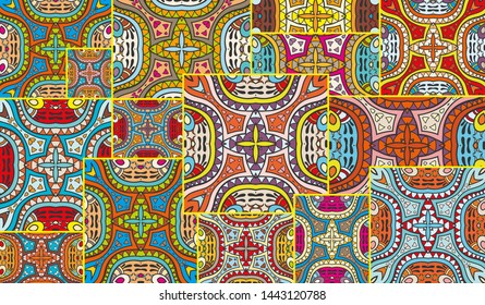 Vector patchwork quilt pattern. Vintage decorative collage. Hand drawn background. Indian, Arabic, Turkish motifs for printing on fabric or paper. Abstract colorful doodle pattern in mosaic style