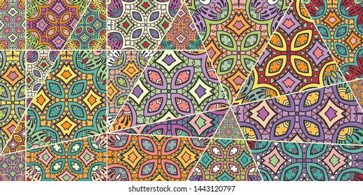 Vector patchwork quilt pattern. Vintage decorative collage. Hand drawn background. Indian, Arabic, Turkish motifs for printing on fabric or paper. Abstract colorful doodle pattern in mosaic style