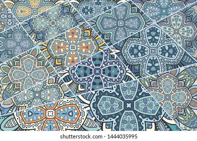 Vector patchwork quilt pattern. Vintage decorative collage. Hand drawn background. Indian, Arabic, Turkish motifs for printing on fabric or paper. Abstract colorful doodle pattern in mosaic style