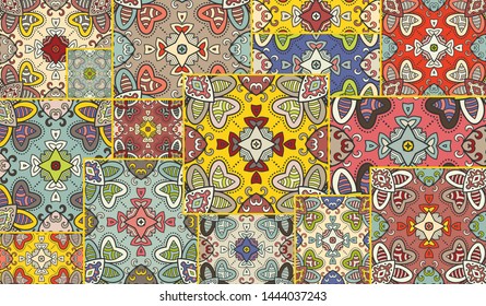 Vector patchwork quilt pattern. Vintage decorative collage. Hand drawn background. Indian, Arabic, Turkish motifs for printing on fabric or paper. Abstract colorful doodle pattern in mosaic style