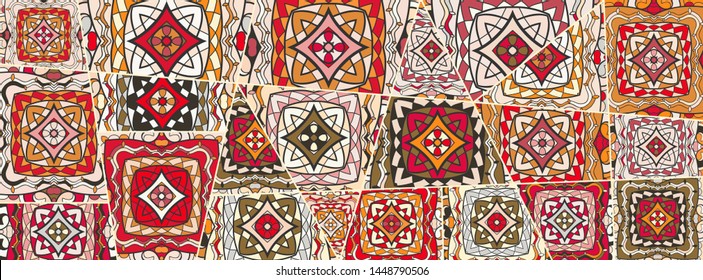 Vector patchwork quilt pattern. Vintage decorative collage. Hand drawn background. Indian, Arabic, Turkish motifs for printing on fabric or paper. Abstract colorful doodle pattern in mosaic style