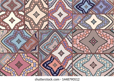 Vector patchwork quilt pattern. Vintage decorative collage. Hand drawn background. Indian, Arabic, Turkish motifs for printing on fabric or paper. Abstract colorful doodle pattern in mosaic style