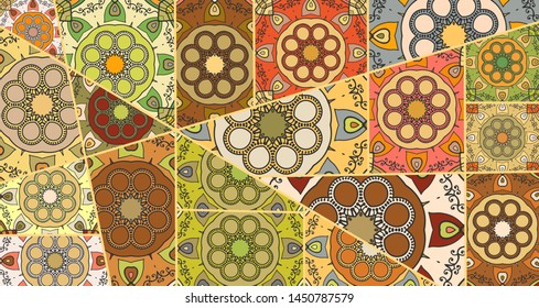 Vector patchwork quilt pattern. Vintage decorative collage. Hand drawn background. Indian, Arabic, Turkish motifs for printing on fabric or paper. Abstract colorful doodle pattern in mosaic style