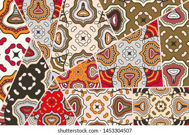 Vector patchwork quilt pattern. Vintage decorative collage. Hand drawn background. Indian, Arabic, Turkish motifs for printing on fabric or paper. Abstract colorful doodle pattern in mosaic style