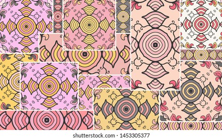 Vector patchwork quilt pattern. Vintage decorative collage. Hand drawn background. Indian, Arabic, Turkish motifs for printing on fabric or paper. Abstract colorful doodle pattern in mosaic style