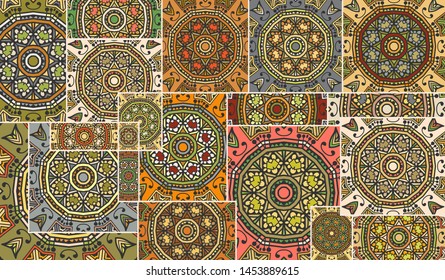 Vector patchwork quilt pattern. Vintage decorative collage. Hand drawn background. Indian, Arabic, Turkish motifs for printing on fabric or paper. Abstract colorful doodle pattern in mosaic style