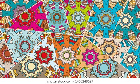 Vector patchwork quilt pattern. Vintage decorative collage. Hand drawn background. Indian, Arabic, Turkish motifs for printing on fabric or paper. Abstract colorful doodle pattern in mosaic style
