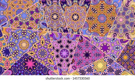 Vector patchwork quilt pattern. Vintage decorative collage. Hand drawn background. Indian, Arabic, Turkish motifs for printing on fabric or paper. Abstract colorful doodle pattern in mosaic style