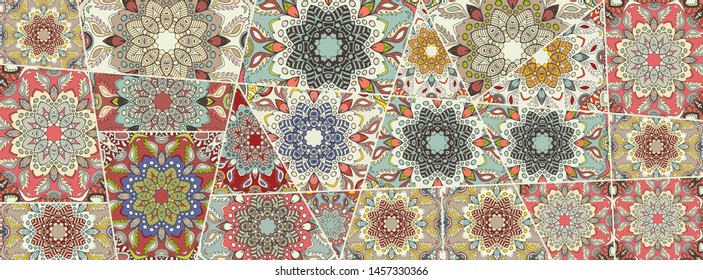 Vector patchwork quilt pattern. Vintage decorative collage. Hand drawn background. Indian, Arabic, Turkish motifs for printing on fabric or paper. Abstract colorful doodle pattern in mosaic style