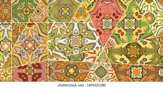 Vector patchwork quilt pattern. Vintage decorative collage. Hand drawn background. Indian, Arabic, Turkish motifs for printing on fabric or paper. Abstract colorful doodle pattern in mosaic style