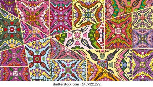 Vector patchwork quilt pattern. Vintage decorative collage. Hand drawn background. Indian, Arabic, Turkish motifs for printing on fabric or paper. Abstract colorful doodle pattern in mosaic style