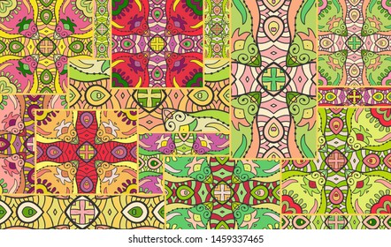 Vector patchwork quilt pattern. Vintage decorative collage. Hand drawn background. Indian, Arabic, Turkish motifs for printing on fabric or paper. Abstract colorful doodle pattern in mosaic style