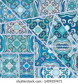 Vector patchwork quilt pattern. Vintage decorative collage. Hand drawn background. Indian, Arabic, Turkish motifs for printing on fabric or paper. Abstract colorful doodle pattern in mosaic style