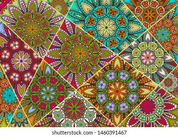 Vector patchwork quilt pattern. Vintage decorative collage. Hand drawn background. Indian, Arabic, Turkish motifs for printing on fabric or paper. Abstract colorful doodle pattern in mosaic style