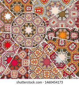 Vector patchwork quilt pattern. Vintage decorative collage. Hand drawn background. Indian, Arabic, Turkish motifs for printing on fabric or paper. Abstract colorful doodle pattern in mosaic style