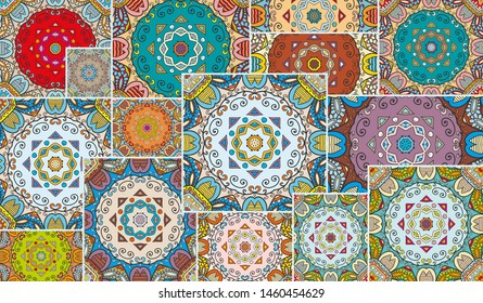 Vector patchwork quilt pattern. Vintage decorative collage. Hand drawn background. Indian, Arabic, Turkish motifs for printing on fabric or paper. Abstract colorful doodle pattern in mosaic style