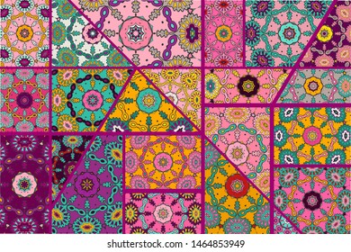 Vector patchwork quilt pattern. Vintage decorative collage. Hand drawn background. Indian, Arabic, Turkish motifs for printing on fabric or paper. Abstract colorful doodle pattern in mosaic style