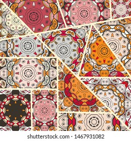 Vector patchwork quilt pattern. Vintage decorative collage. Hand drawn background. Indian, Arabic, Turkish motifs for printing on fabric or paper. Abstract colorful doodle pattern in mosaic style