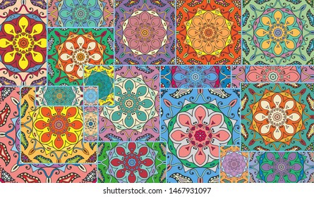 Vector patchwork quilt pattern. Vintage decorative collage. Hand drawn background. Indian, Arabic, Turkish motifs for printing on fabric or paper. Abstract colorful doodle pattern in mosaic style