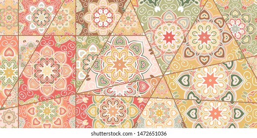 Vector patchwork quilt pattern. Vintage decorative collage. Hand drawn background. Indian, Arabic, Turkish motifs for printing on fabric or paper. Abstract colorful doodle pattern in mosaic style