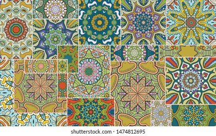 Vector patchwork quilt pattern. Vintage decorative collage. Hand drawn background. Indian, Arabic, Turkish motifs for printing on fabric or paper. Abstract colorful doodle pattern in mosaic style